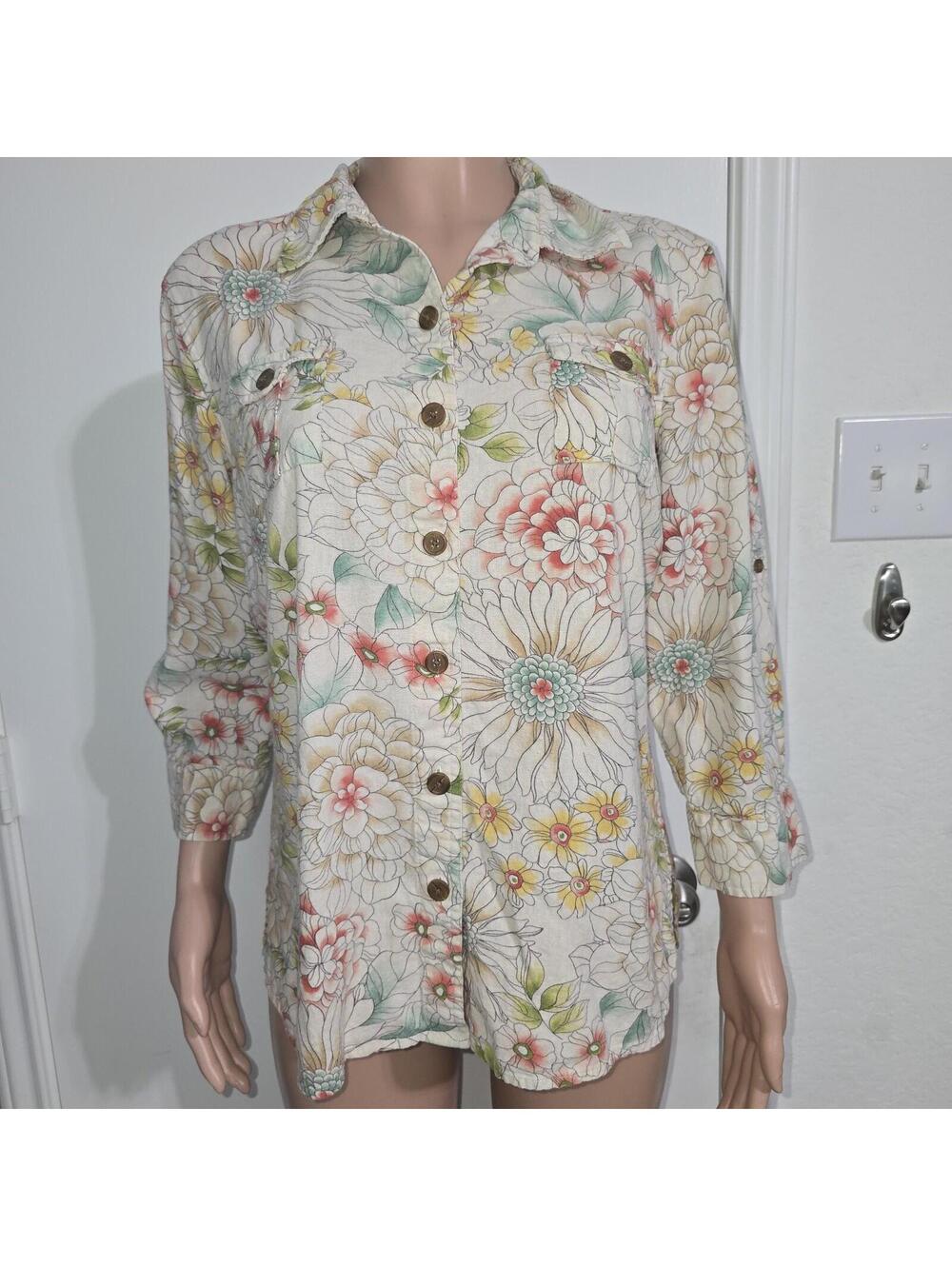 VTG Van Heusen 90s Floral Linen Blend Retro Boho Top Long Sleeve Blouse
